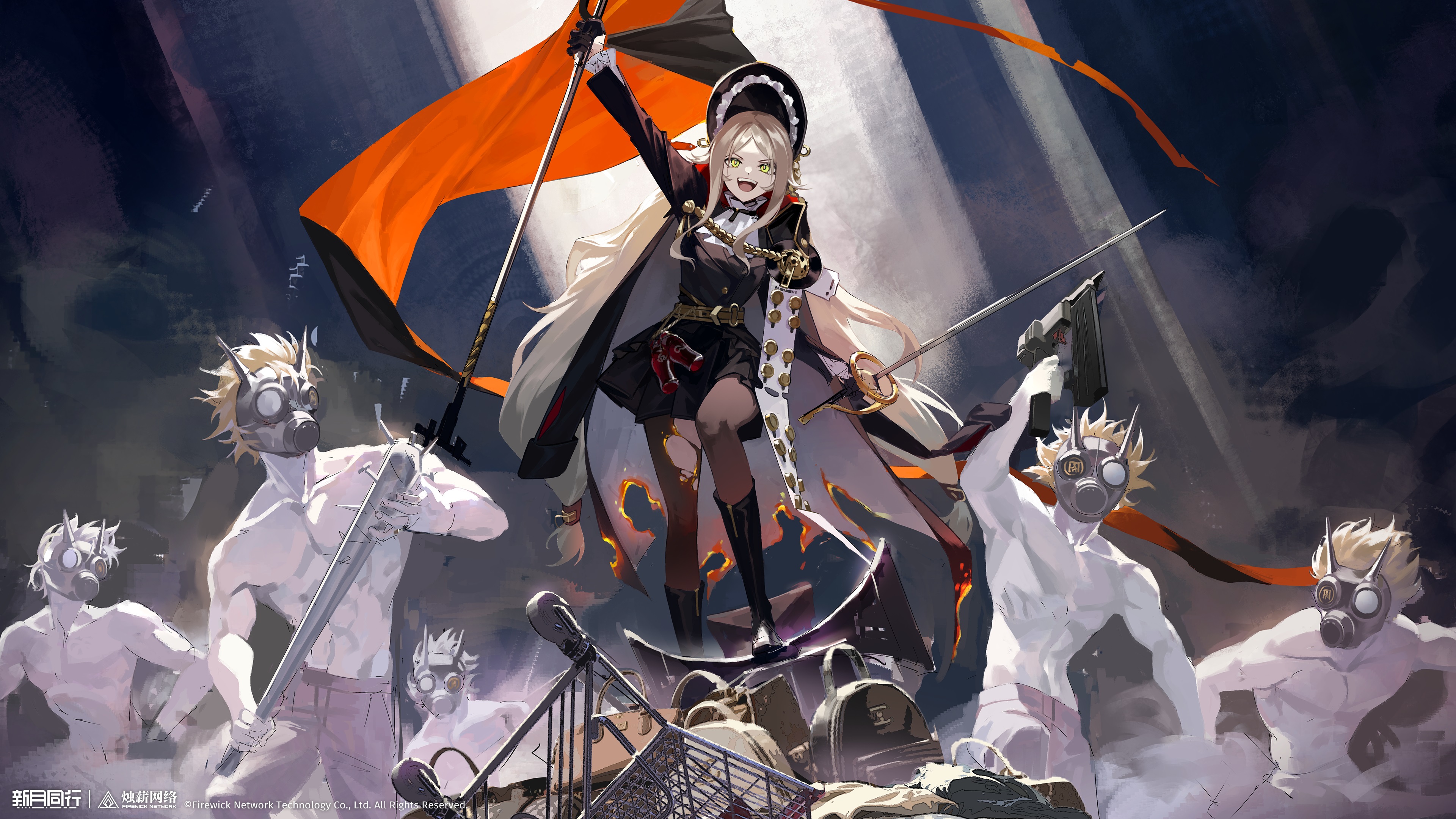 liberty leading the people, xinyue tongxing, absurdres, highres, official art, official wallpaper, 1girl, 5boys, :d, aiguillette, arm up, baseball bat, black boots, black coat, black dress, black gloves, black hat, black pantyhose, bonnet, boots, coat, coat on shoulders, copyright name, copyright notice, cowboy shot, dress, fine art parody, flag, full body, gas mask, gloves, green eyes, grey background, grey hair, grey pants, gun, hat, holding, holding baseball bat, holding flag, holding gun, holding sword, holding weapon, huiying (xinyue tongxing), logo, long hair, looking at viewer, mask, multiple boys, nail (hardware), nail bat, open mouth, pale skin, pants, pantyhose, parody, shirt, shopping cart, short dress, short hair, smile, sword, toned, toned male, topless male, torn clothes, torn coat, torn pantyhose, v-shaped eyebrows, weapon, white shirt