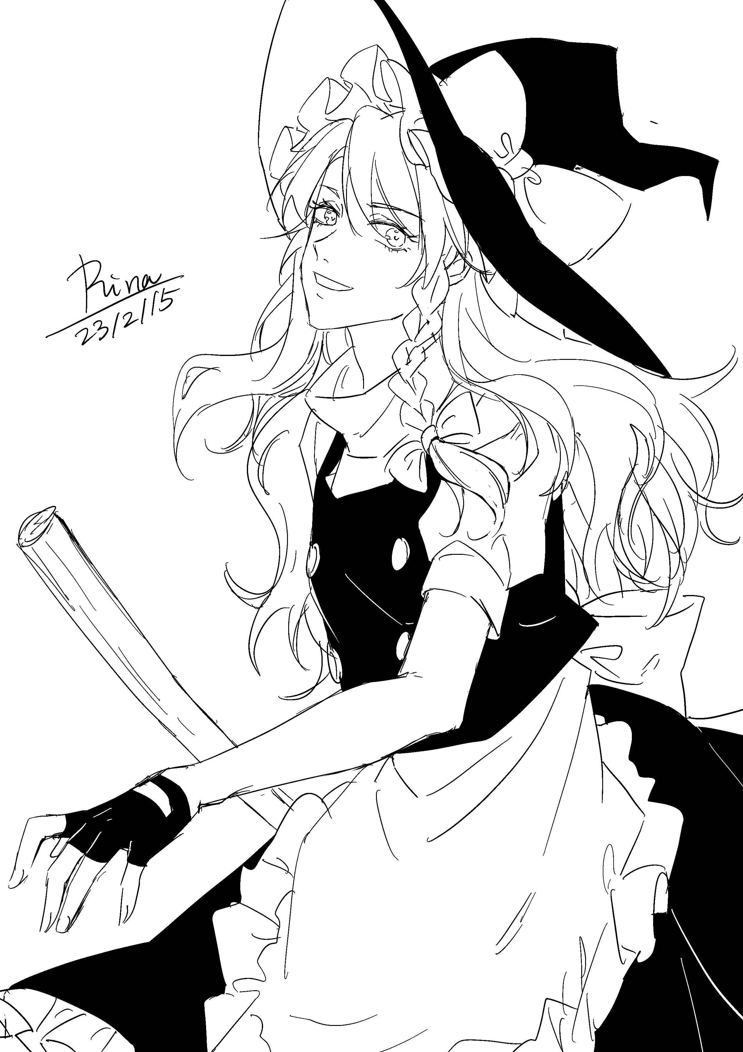 aihara-rina, kirisame marisa, touhou, absurdres, chinese commentary, commentary request, highres, 1girl, apron, back bow, bow, braid, broom, dated, fingerless gloves, frilled skirt, frills, gloves, greyscale, hair bow, hat, hat bow, long hair, monochrome, open mouth, puffy short sleeves, puffy sleeves, short sleeves, side braid, signature, single braid, skirt, smile, solo, waist apron, witch hat