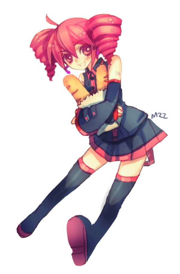 mzz, kasane teto, kasane teto (utau), utau, vocaloid, bad id, bad pixiv id, 1girl, baguette, bread, drill hair, female focus, food, red eyes, red hair, solo, thighhighs, twin drills, twintails