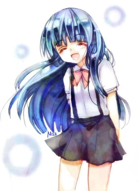 mzz, furude rika, higurashi no naku koro ni, bad id, bad pixiv id, 00s, 1girl, ^ ^, blue hair, bow, closed eyes, female focus, long hair, pink bow, smile, solo