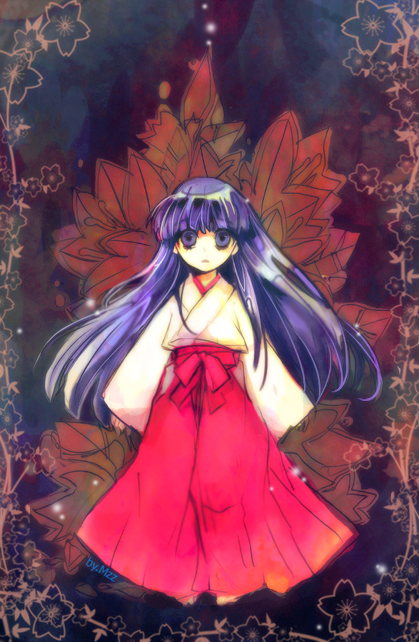mzz, furude rika, higurashi no naku koro ni, bad id, bad pixiv id, 00s, 1girl, female focus, japanese clothes, long hair, miko, purple eyes, purple hair, solo, staring