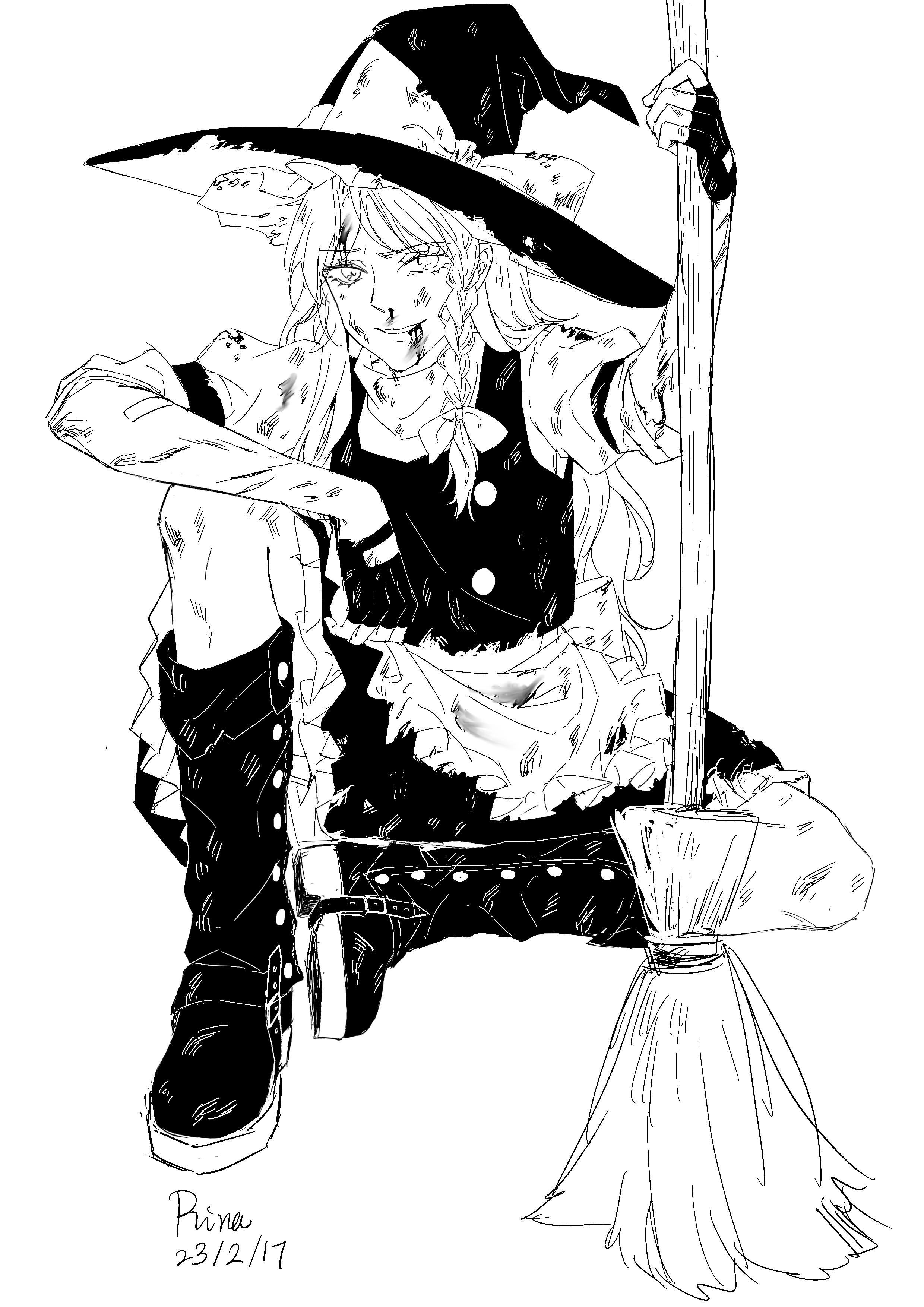 aihara-rina, kirisame marisa, touhou, absurdres, chinese commentary, commentary request, highres, 1girl, apron, blood, blood from mouth, boots, bow, braid, dated, fingerless gloves, frilled skirt, frills, gloves, greyscale, hair bow, hat, hat bow, injury, knee boots, long hair, monochrome, nosebleed, puffy short sleeves, puffy sleeves, scratches, short sleeves, side braid, signature, single braid, sitting, skirt, solo, vest, waist apron, witch hat