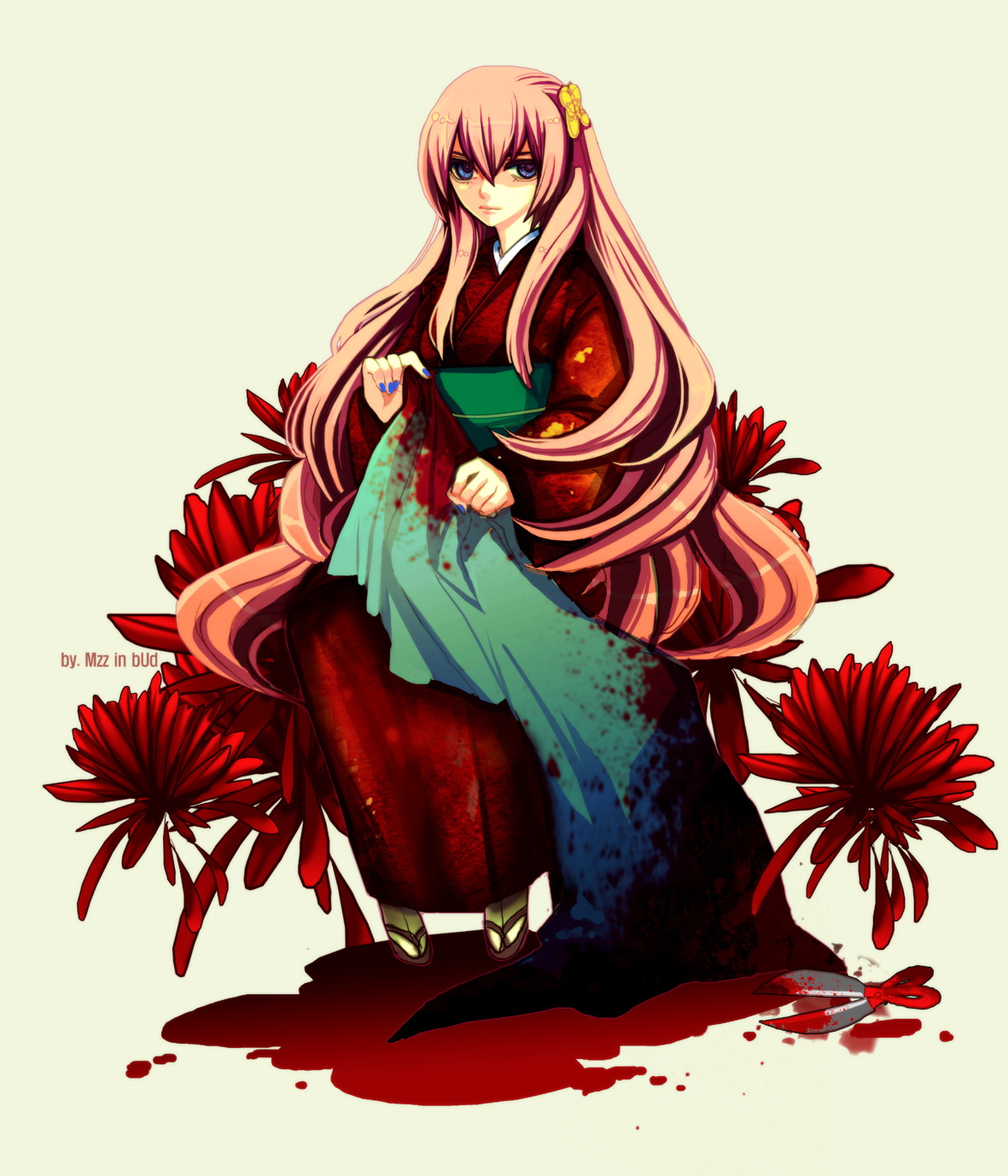 mzz, megurine luka, sudou kayo, enbizaka no shitateya (vocaloid), evillious nendaiki, vocaloid, bad id, bad pixiv id, highres, 1girl, blood, blood on clothes, female focus, flower, frown, japanese clothes, long hair, solo