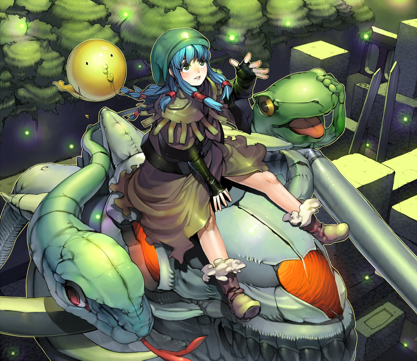 kurumayama, bad id, bad pixiv id, colorized, highres, blue hair, blush, bow, fingerless gloves, frog, gloves, green eyes, hair bow, hat, sitting, snake