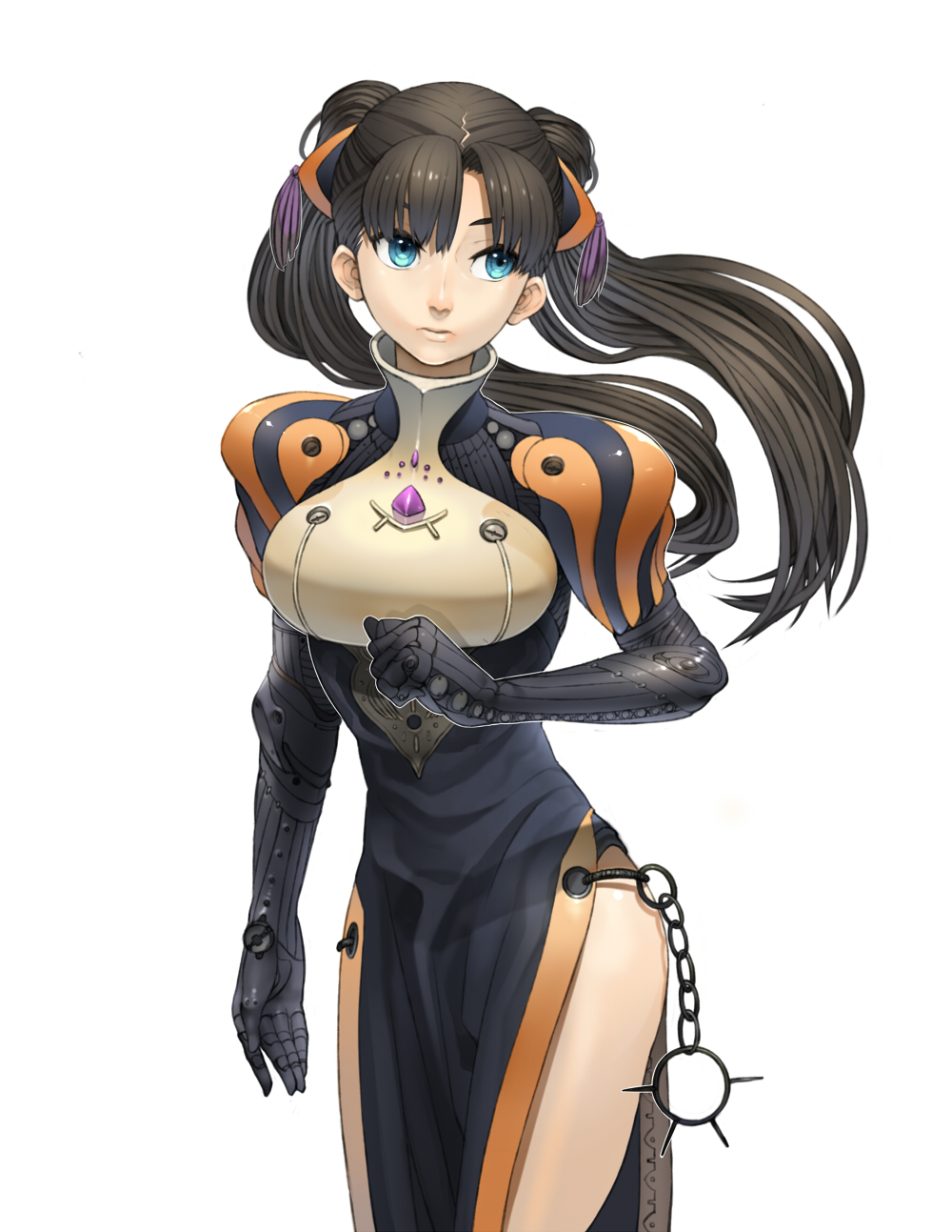 kurumayama, original, highres, 1girl, black hair, blue eyes, elbow gloves, female focus, gloves, hair ornament, lips, side slit, simple background, solo, twintails, white background