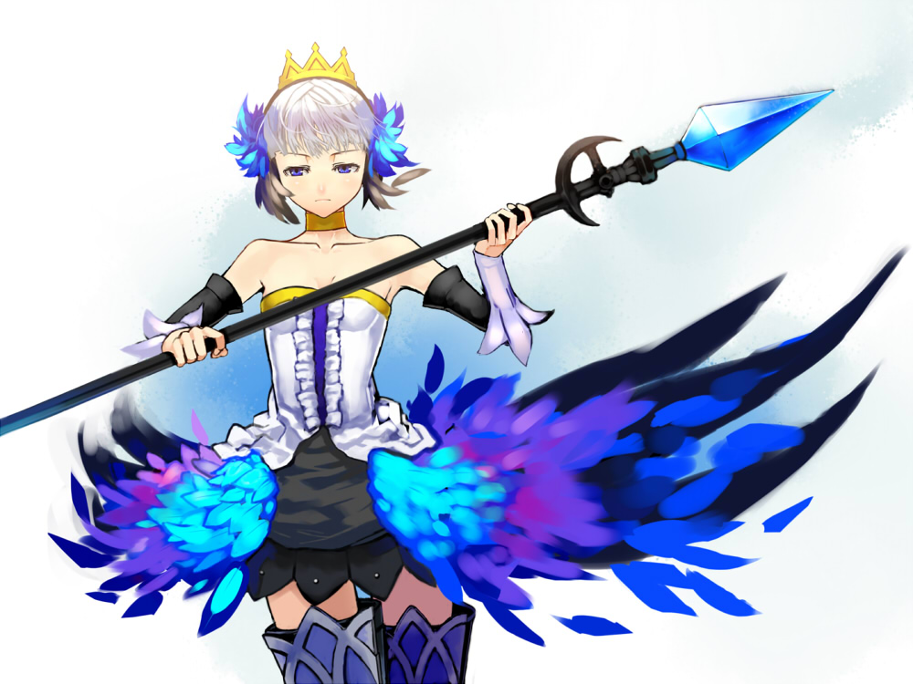 kahadu (kawazu), gwendolyn (odin sphere), odin sphere, 1girl, armor, armored dress, blue eyes, choker, dress, female focus, multicolored wings, polearm, solo, spear, strapless, strapless dress, thighhighs, weapon, white hair, wings