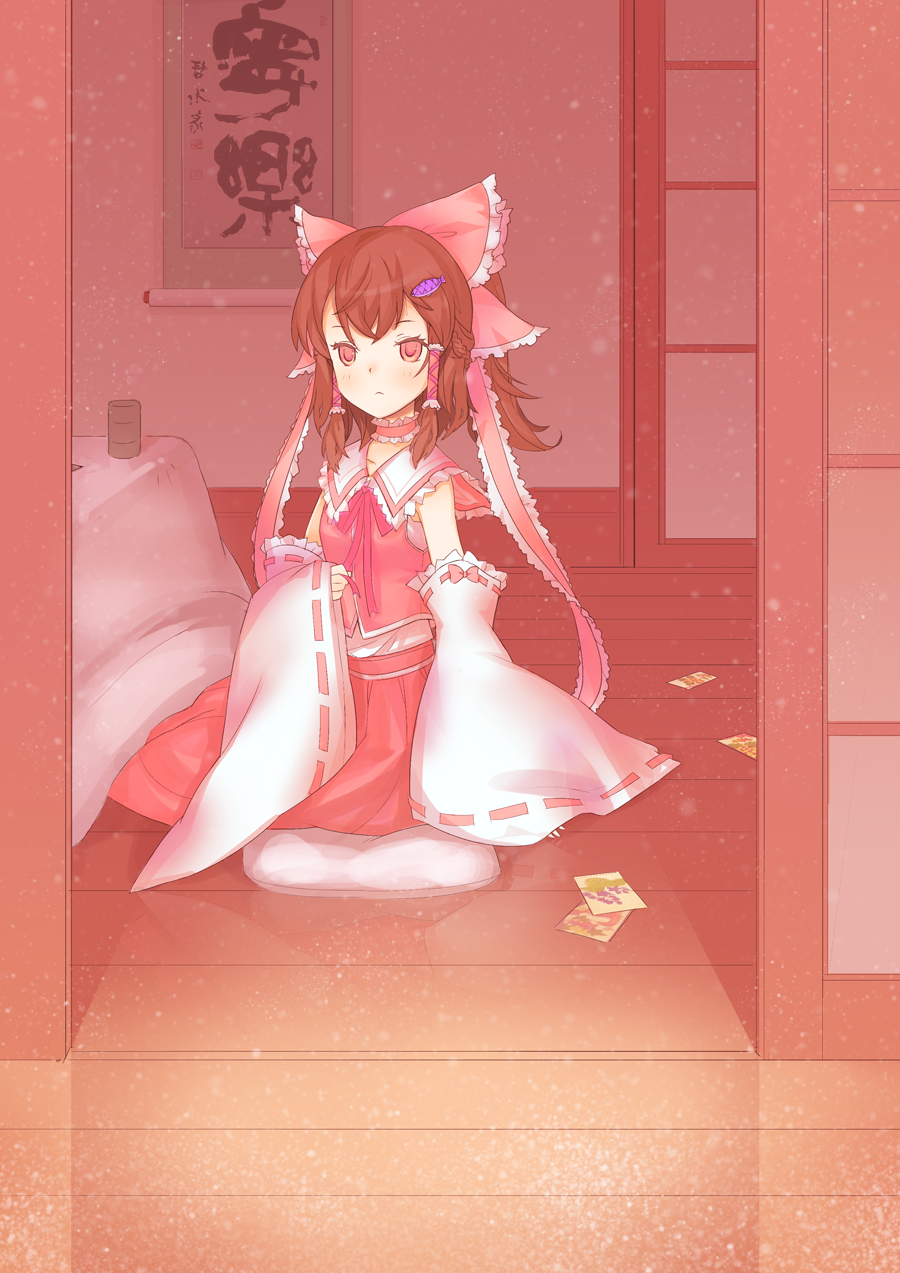 s.advent, hakurei reimu, touhou, bad id, bad pixiv id, highres, 1girl, bow, brown hair, choker, detached sleeves, female focus, hair bow, hair ornament, hairclip, hanafuda, japanese clothes, kotatsu, miko, pillow, red eyes, sitting, solo, table