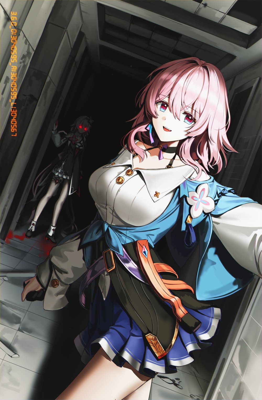 silence girl, evernight (honkai: star rail), march 7th (honkai: star rail), march 7th (preservation) (honkai: star rail), honkai: star rail, honkai (series), hashtag-only commentary, highres, 2girls, black background, blood, blood on ground, breasts, buttons, choker, dress, dual persona, dutch angle, earrings, glowing, glowing eyes, jewelry, medium breasts, multicolored eyes, multiple girls, off shoulder, open mouth, overskirt, pink hair, red eyes, shirt, single earring, skirt, smile, thigh strap, two-tone eyes