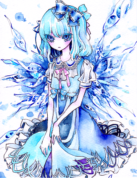 miri, miri (tobira no mukou), cirno, touhou, painting (medium), traditional media, watercolor (medium), 1girl, blue eyes, blue hair, colored eyelashes, dress, expressionless, eyelashes, female focus, frills, hair ribbon, ice, looking up, matching hair/eyes, no nose, ribbon, short hair, short sleeves, solo, wings