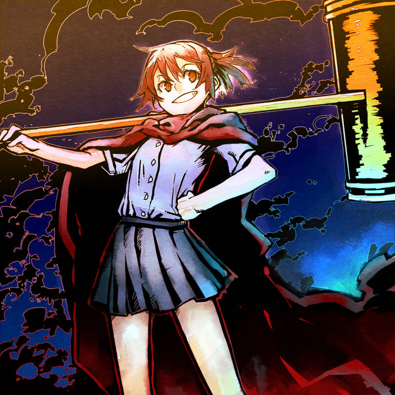 kahadu (kawazu), asahina samidare, hoshi no samidare, 1girl, brown eyes, brown hair, cape, female focus, grin, hammer, hand on own hip, red cape, skirt, smile, solo