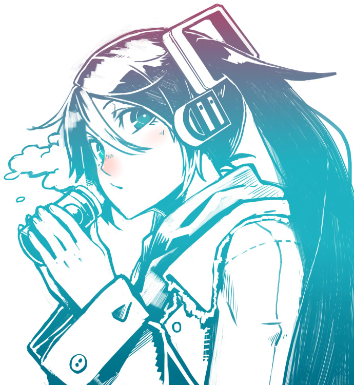 kahadu (kawazu), hatsune miku, vocaloid, 1girl, blue theme, blush, coat, cold, drink, female focus, long hair, monochrome, red nose, simple background, solo, spot color, twintails, white background