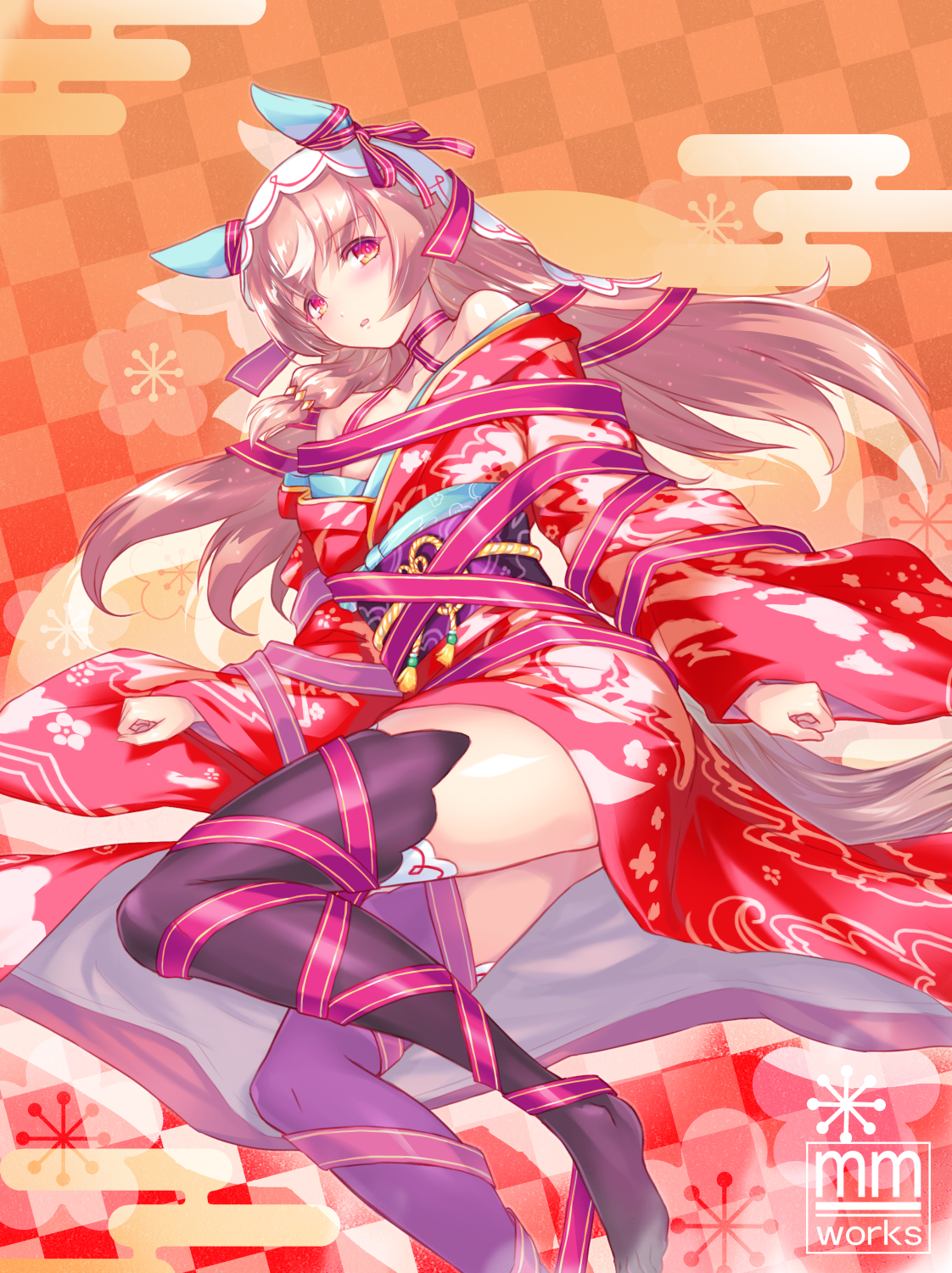 juusensha koubou, still in love (umamusume), umamusume, commentary request, highres, textless version, 1girl, animal ears, bare shoulders, black thighhighs, blush, bound, bow, breasts, brown hair, collarbone, ear covers, ear ribbon, hair between eyes, hair ornament, horse ears, horse girl, horse tail, japanese clothes, kimono, long hair, long sleeves, looking at viewer, obi, parted lips, print kimono, purple ribbon, red eyes, red kimono, ribbon, sash, small breasts, solo, tail, thighhighs, tied up (nonsexual), veil, white streaks, white veil, wide sleeves