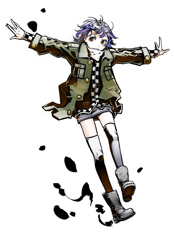 kahadu (kawazu), boots, brown eyes, outstretched arms, purple hair, solo, spread arms, thighhighs