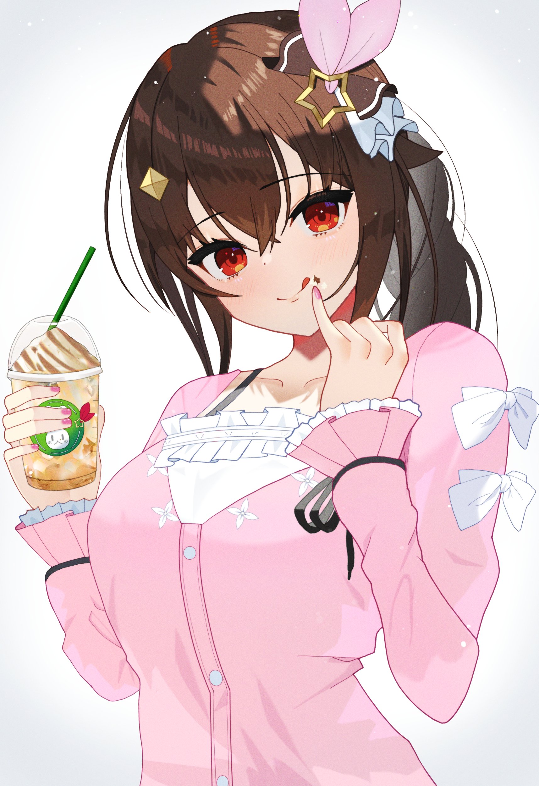 hamadi, tokino sora, tokino sora (casual), hololive, absurdres, commentary, highres, 1girl, :q, alternate eye color, arched back, breasts, brown hair, camisole, cardigan, cream, cream on face, cup, diamond hair ornament, disposable cup, double-parted bangs, food, food on face, frilled camisole, frilled sleeves, frills, gradient background, grey background, hair ornament, hair ribbon, hairclip, holding, holding cup, licking lips, licking own finger, long hair, long sleeves, looking at viewer, medium breasts, nail polish, official alternate hairstyle, pink cardigan, pink nails, red eyes, ribbon, side ponytail, sleeve bow, solo, star (symbol), star hair ornament, tongue, tongue out, upper body, virtual youtuber, wavy hair, white camisole