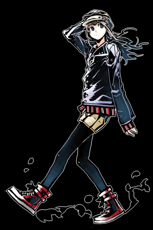 kahadu (kawazu), original, brown hair, dark, full body, grey eyes, hat, legs, shoes, simple background, solo, thighhighs