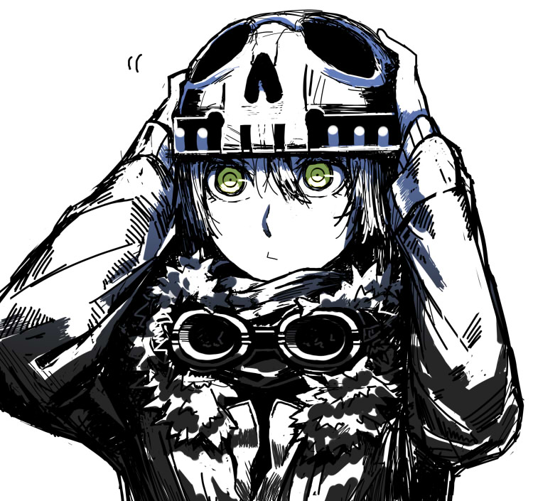 kahadu (kawazu), original, gender request, androgynous, goggles, goggles around neck, green eyes, helmet, monochrome, solo, spot color