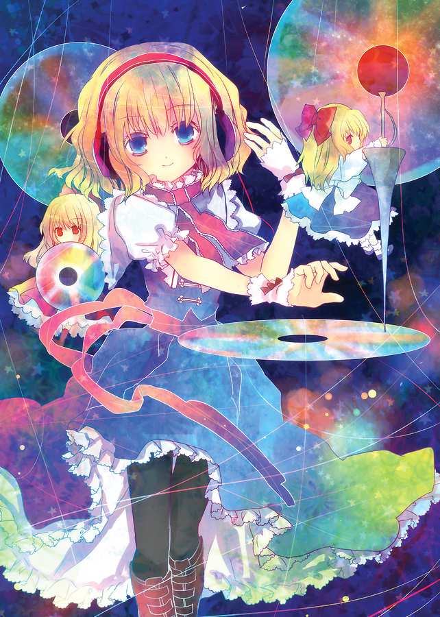 torii sumi, alice margatroid, shanghai doll, touhou, 3girls, blonde hair, blue eyes, cd, doll, female focus, hairband, headphones, multiple girls, pantyhose, short hair, solo, standing