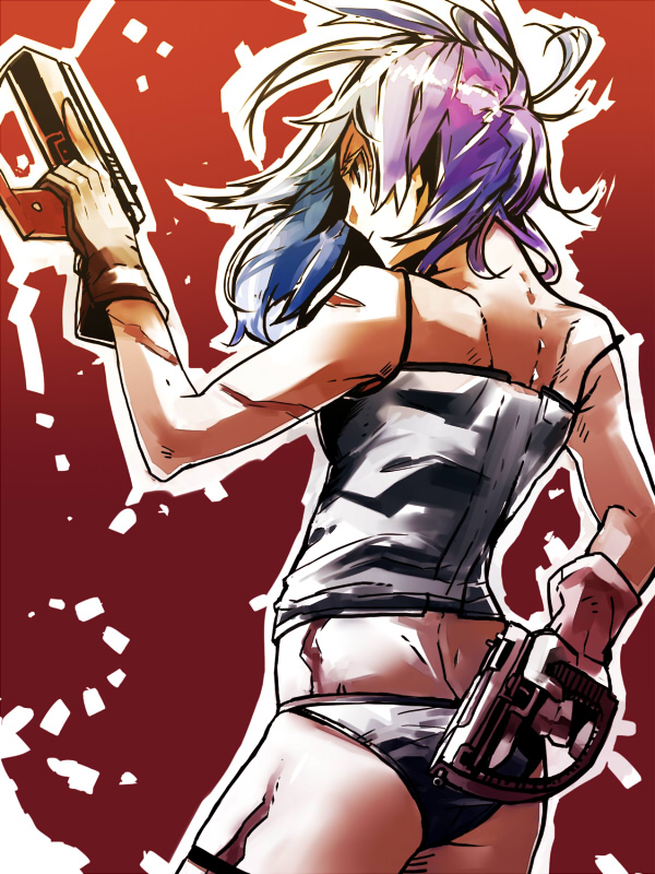 kahadu (kawazu), original, ass, blue hair, dual wielding, gloves, grey panties, gun, holding, lingerie, panties, purple hair, solo, trigger discipline, underwear, weapon