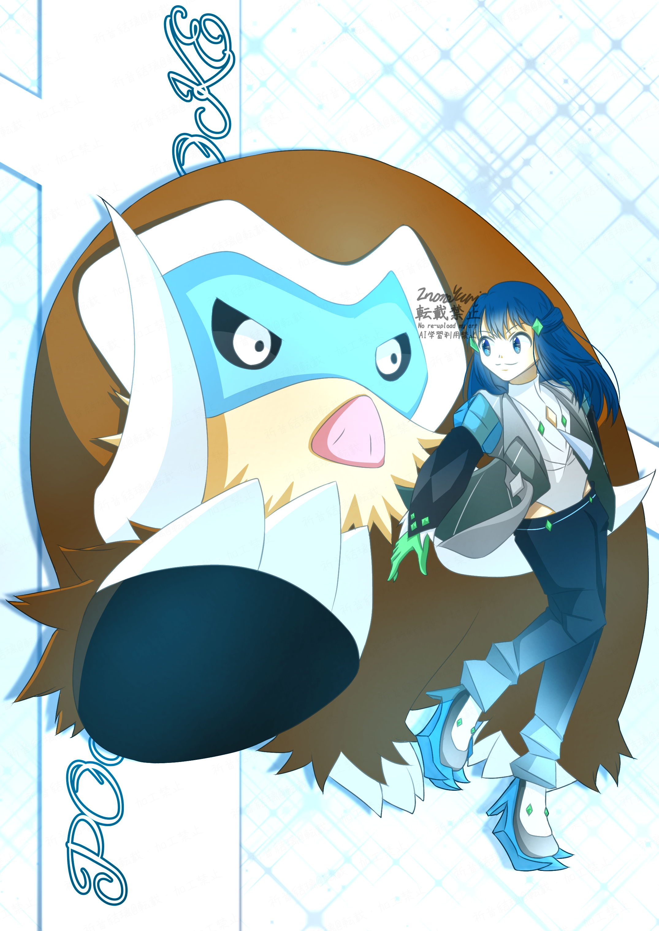 dawn (pokemon), hatsune miku, ice miku (project voltage), mamoswine, nintendo, pokemon, pokemon (anime), pokemon dppt (anime), project voltage, vocaloid, absurdres, commentary request, highres, 025×3104, blue eyes, blue hair, blue pants, closed mouth, clothing cutout, cosplay, gen 4 pokemon, grey jacket, hair ornament, hatsune miku (cosplay), high heels, hip vent, ice miku (project voltage) (cosplay), jacket, long hair, long sleeves, nostrils, open clothes, open jacket, pants, pokemon (creature), shirt, shoes, smile, tusks, watermark, white shirt, white shoes