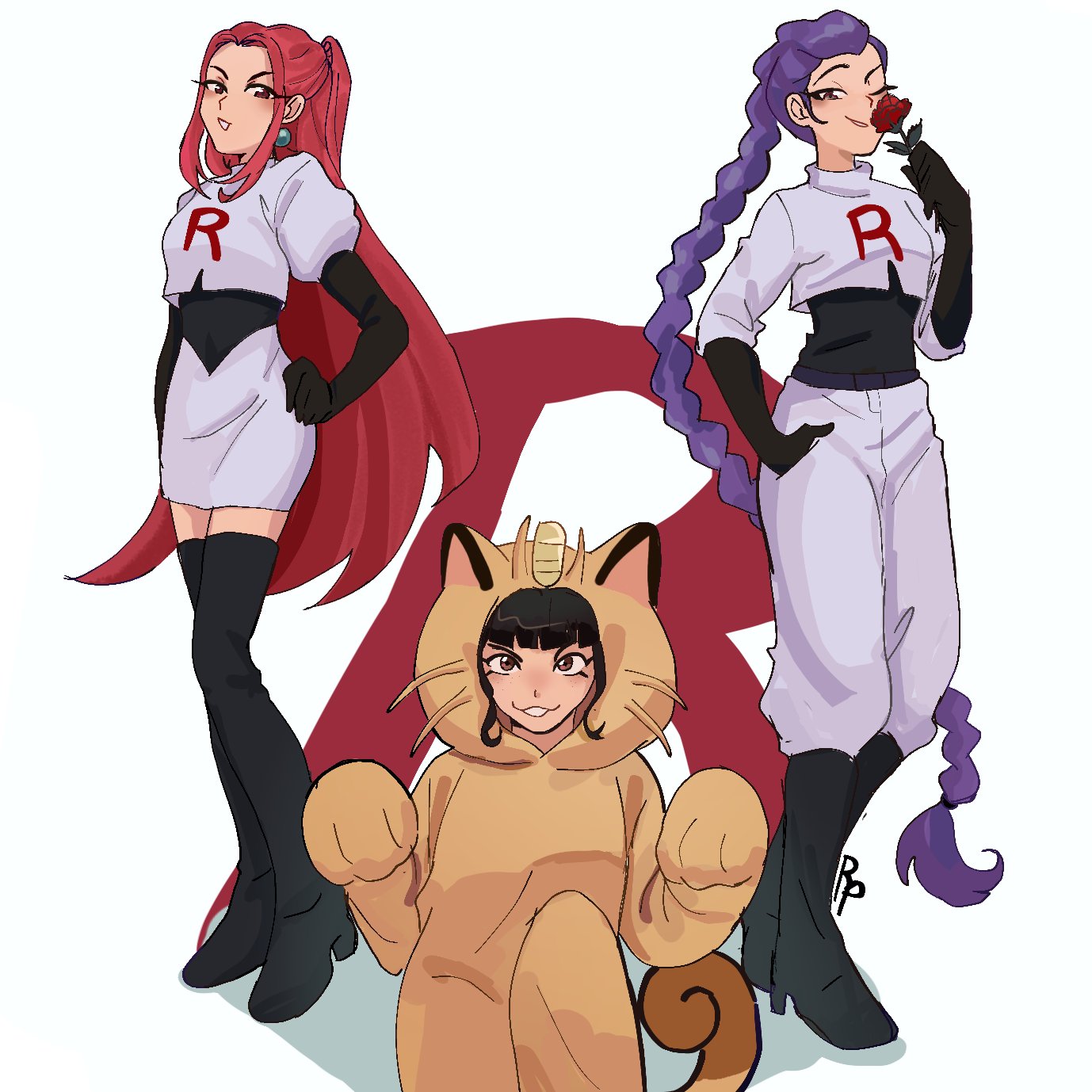 realyskp, james (pokemon), jessie (pokemon), meowth, mira (kpop demon hunters), rumi (kpop demon hunters), zoey (kpop demon hunters), kpop demon hunters, nintendo, pokemon, commentary, english commentary, highres, 3girls, absurdly long hair, animal costume, black gloves, black hair, blunt bangs, boots, braid, braided ponytail, brown eyes, cosplay, crop top, dutch braided ponytail, earrings, elbow gloves, gen 1 pokemon, gloves, james (pokemon) (cosplay), jessie (pokemon) (cosplay), jewelry, long hair, looking at viewer, meowth (cosplay), multiple girls, paw pose, pink hair, pokemon costume, purple hair, short bangs, sidelocks, simple background, single letter, skirt, smile, sphere earrings, team rocket, team rocket uniform, thigh boots, undershirt, very long hair, white skirt