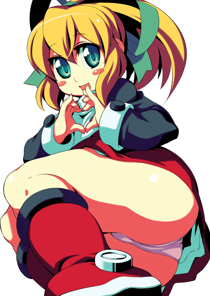 gummyrise, roll (mega man), capcom, mega man (classic), mega man (series), 1girl, android, ass, blonde hair, blue eyes, blush stickers, boots, female focus, flat chest, four-finger heart hands, green eyes, hair ribbon, heart, heart hands, knee boots, lying, on side, panties, pantyshot, pink panties, ponytail, red skirt, ribbon, robot, skirt, solo, underwear, upskirt