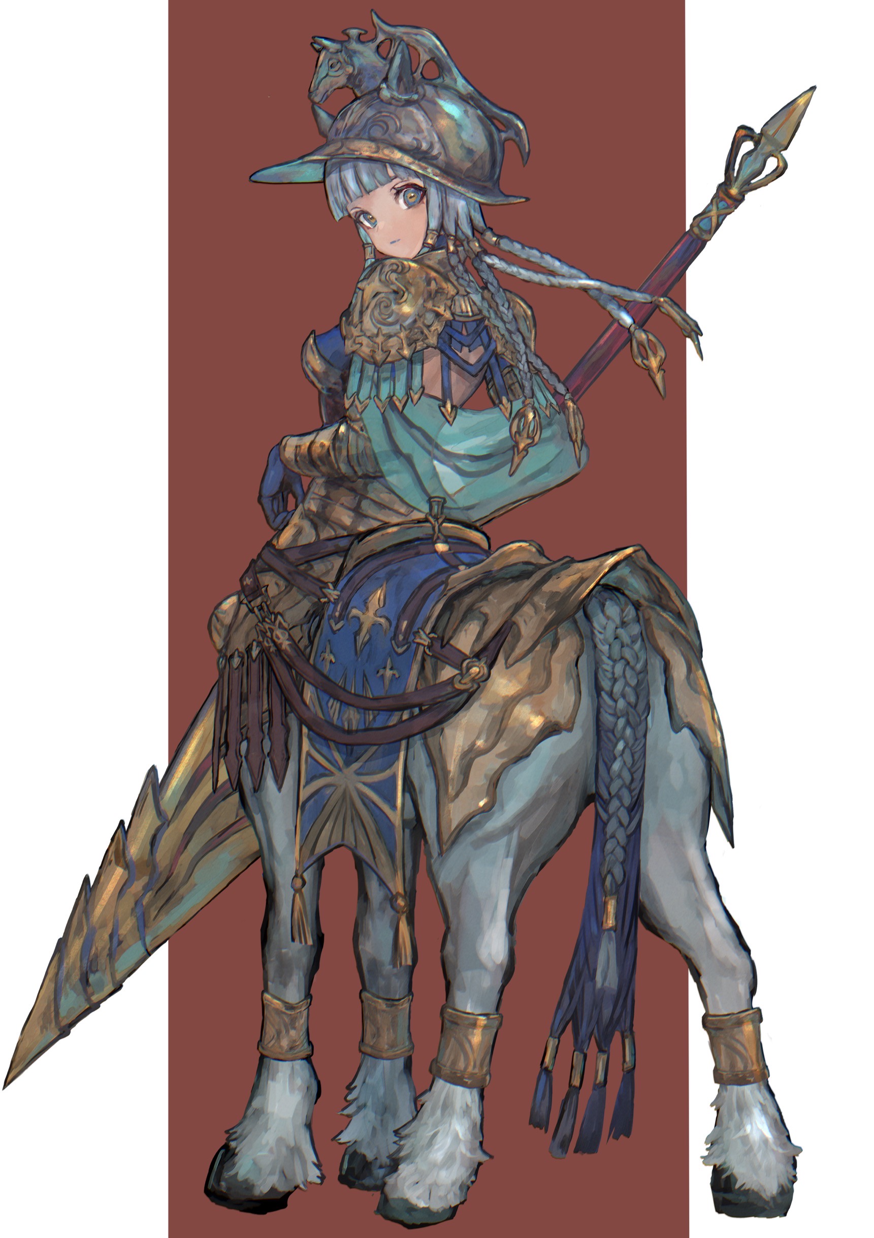 sabamiso taro, original, absurdres, commentary request, highres, 1girl, armor, barding, braid, braided tail, centaur, chinese zodiac, expressionless, from behind, grey hair, helmet, holding, holding polearm, holding weapon, lance, long hair, looking at viewer, looking back, monster girl, multiple braids, polearm, shoulder armor, solo, taur, two-tone background, weapon, year of the horse