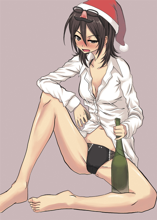 otsutama takashi, 1girl, alcohol, barefoot, black panties, blush, brown eyes, brown hair, christmas, dress shirt, drunk, feet, female focus, hat, panties, sake, santa hat, shirt, short hair, solo, underwear