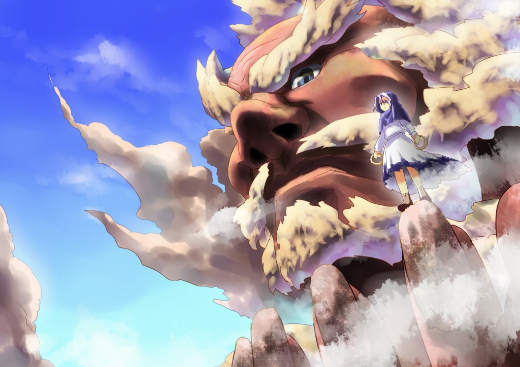 akimegu m, gohitsuki, kumoi ichirin, unzan, touhou, 1boy, 1girl, blue hair, cloud, day, hood, short hair