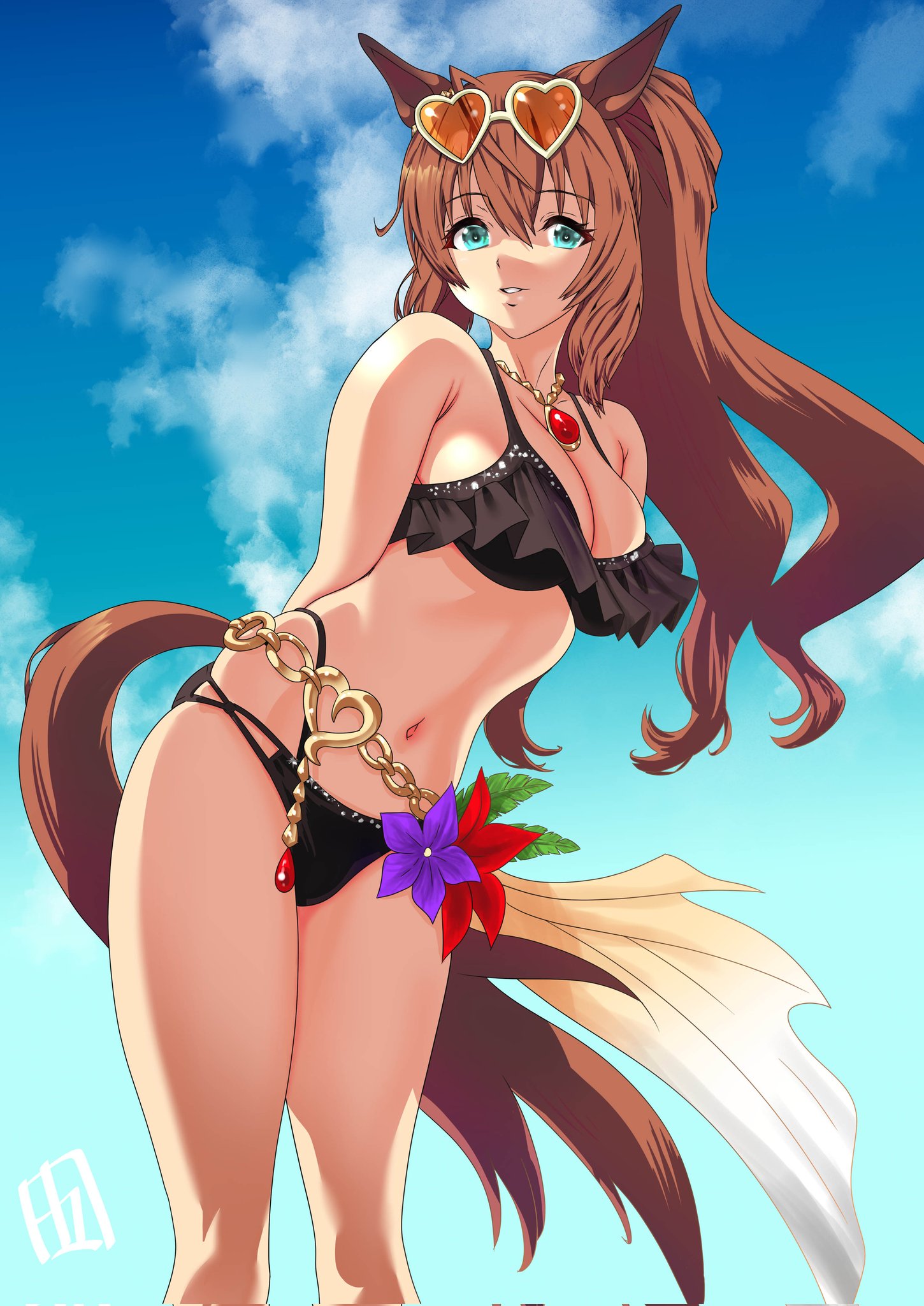 kazakoshi nonta, maruzensky (hot summer night) (umamusume), maruzensky (umamusume), umamusume, commentary request, highres, 1girl, animal ears, bare shoulders, bikini, black bikini, blue eyes, blue sky, breasts, brown-tinted eyewear, brown hair, cleavage, cloud, eyewear on head, hair between eyes, heart, heart-shaped eyewear, horse ears, horse girl, horse tail, jewelry, large breasts, long hair, looking at viewer, navel, official alternate costume, orange-tinted eyewear, parted lips, ponytail, ruffle bikini, sky, smile, solo, stomach, sunglasses, swimsuit, tail, tinted eyewear, white-framed eyewear