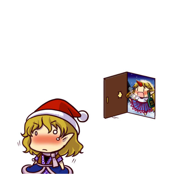 socha, hoshiguma yuugi, mizuhashi parsee, touhou, 2girls, blush, bottle, chibi, christmas, door, drunk, female focus, hat, horns, multiple girls, santa hat, simple background, single horn, snow