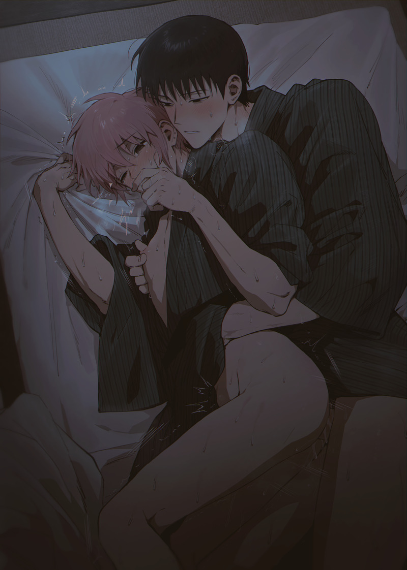 hajime (everyday host), kouichi (everyday host), everyday host, commentary request, korean commentary, 2boys, anal, ass, bed sheet, black eyes, black hair, black kimono, blanket, blush, breath, brown eyes, choppy bangs, clothes lift, covering own mouth, cowboy shot, cum, cum on ass, cum on body, cum on penis, dark, earrings, empty eyes, erection, feet out of frame, from above, futon, hair between eyes, hand on another's stomach, hands up, japanese clothes, jewelry, kimono, kimono lift, large penis, looking ahead, looking at another, lying, male focus, male penetrated, mature eyes, motion lines, multiple boys, multiple piercings, naked kimono, narrowed eyes, neck blush, nipple stimulation, nipple tweak, on side, open clothes, open kimono, pale skin, parted lips, penis, pink hair, ppssyhys, raised inner eyebrows, sex, sex from behind, sheet grab, short hair, spooning, stomach bulge, striped clothes, striped kimono, stud earrings, sweat, trembling, twitching, uneven eyes, wispy bangs, yaoi, yukata