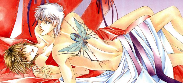 dr ten, silver hair, 2boys, male focus, multiple boys, tattoo, yaoi