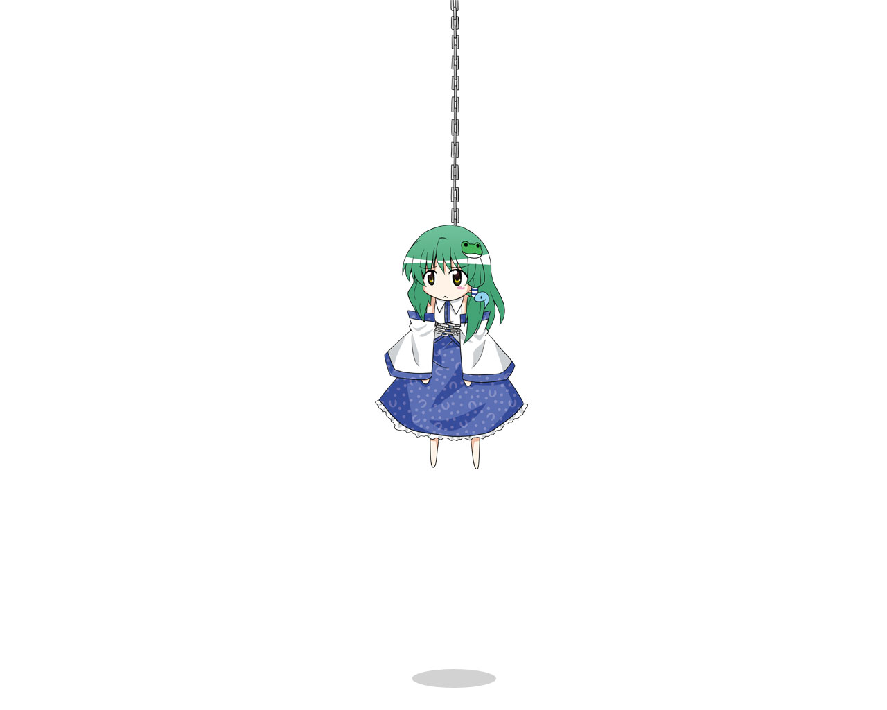 naegi (naegidokoro), kochiya sanae, touhou, 1girl, :<, chain, chibi, female focus, full body, green hair, simple background, solo, white background