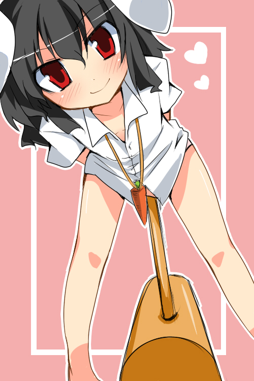 morino harifu, inaba tewi, touhou, 1girl, animal ears, black hair, blush, bottomless, carrot, downblouse, dress shirt, female focus, heart, jewelry, leaning forward, looking at viewer, mallet, naked shirt, no pants, pendant, rabbit ears, red eyes, shirt, short hair, simple background, smile, solo
