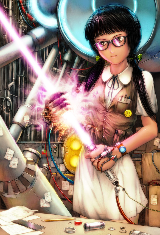 s zenith lee, dc comics, original, walmart, watchmen, 1girl, black hair, brown eyes, cable, desk, energy sword, female focus, glasses, laboratory, lapel pin, lightsaber, long hair, pencil, pocket protector, solo, sword, twintails, vest, weapon