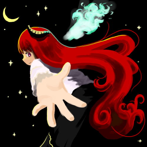 ddal, original, bad id, bad pixiv id, lowres, foreshortening, horns, long hair, moon, red hair, solo, star (symbol)