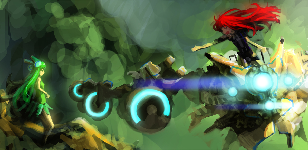 ddal, original, bad id, bad pixiv id, 2girls, aircraft, green hair, multiple girls, red hair