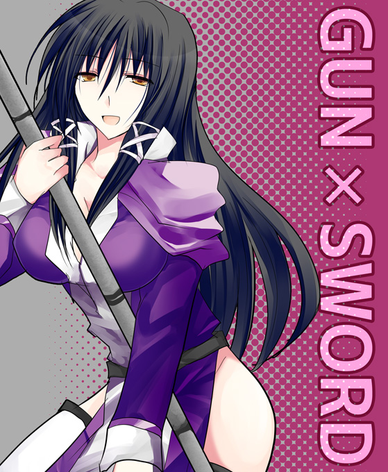mahi, fasalina, gunxsword, black hair, breasts, large breasts, open mouth, pole, thighhighs, yellow eyes