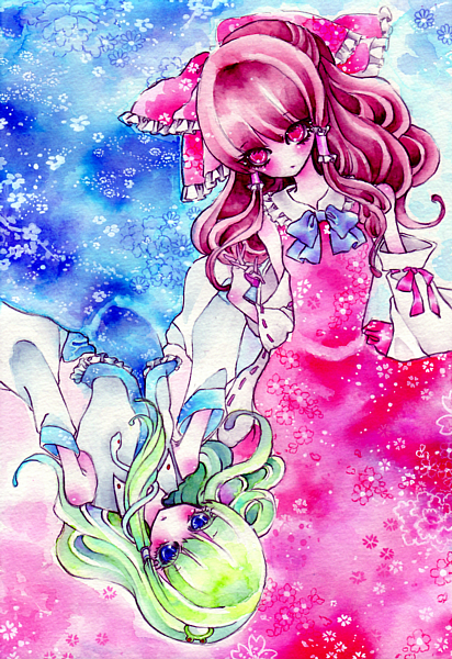 miri, miri (tobira no mukou), hakurei reimu, kochiya sanae, touhou, bad id, bad pixiv id, painting (medium), traditional media, watercolor (medium), 2girls, bare shoulders, blending, blue eyes, bow, brown hair, colored eyelashes, detached sleeves, dress, eyelashes, female focus, flower, frills, frog, green hair, hair bow, hair ornament, hair ribbon, holding hands, interlocked fingers, japanese clothes, long hair, miko, multiple girls, no nose, own hands together, red eyes, ribbon, rotational symmetry, snake, upside-down, wavy hair, wide sleeves