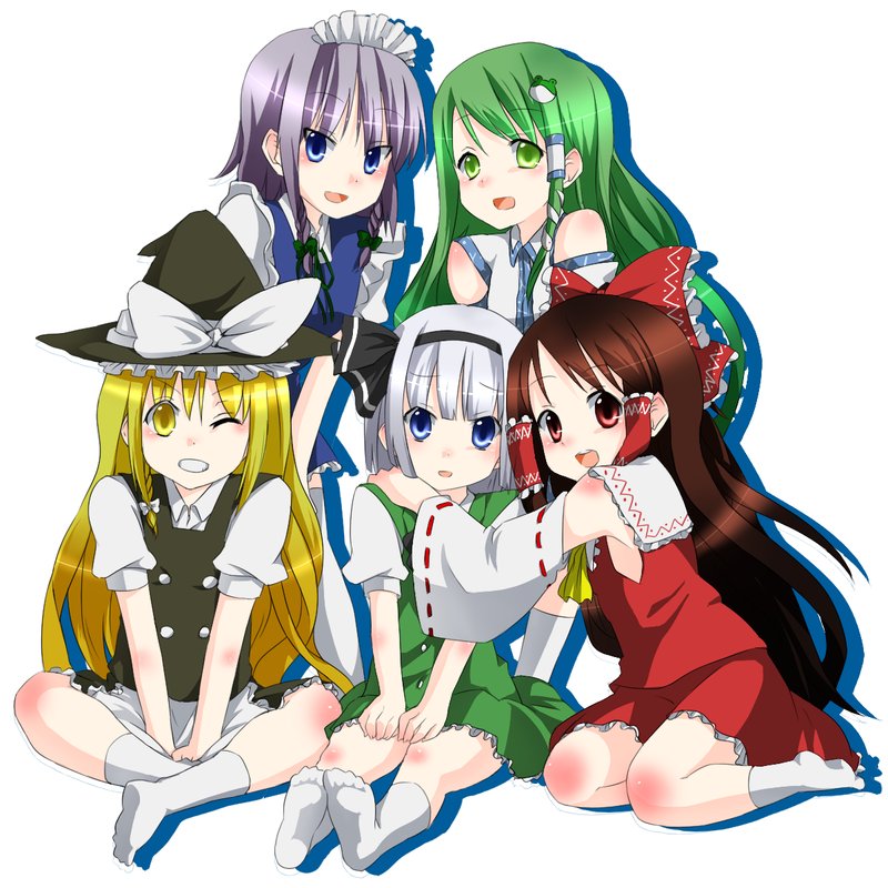 ruchi, hakurei reimu, izayoi sakuya, kirisame marisa, kochiya sanae, konpaku youmu, k-on!, touhou, bad id, bad pixiv id, derivative work, 5girls, blonde hair, female focus, grin, hat, hug, indian style, kneeling, multiple girls, one eye closed, open mouth, parody, ribbon, round teeth, short hair, sitting, smile, style parody, teeth, v arms, wink, yokozuwari