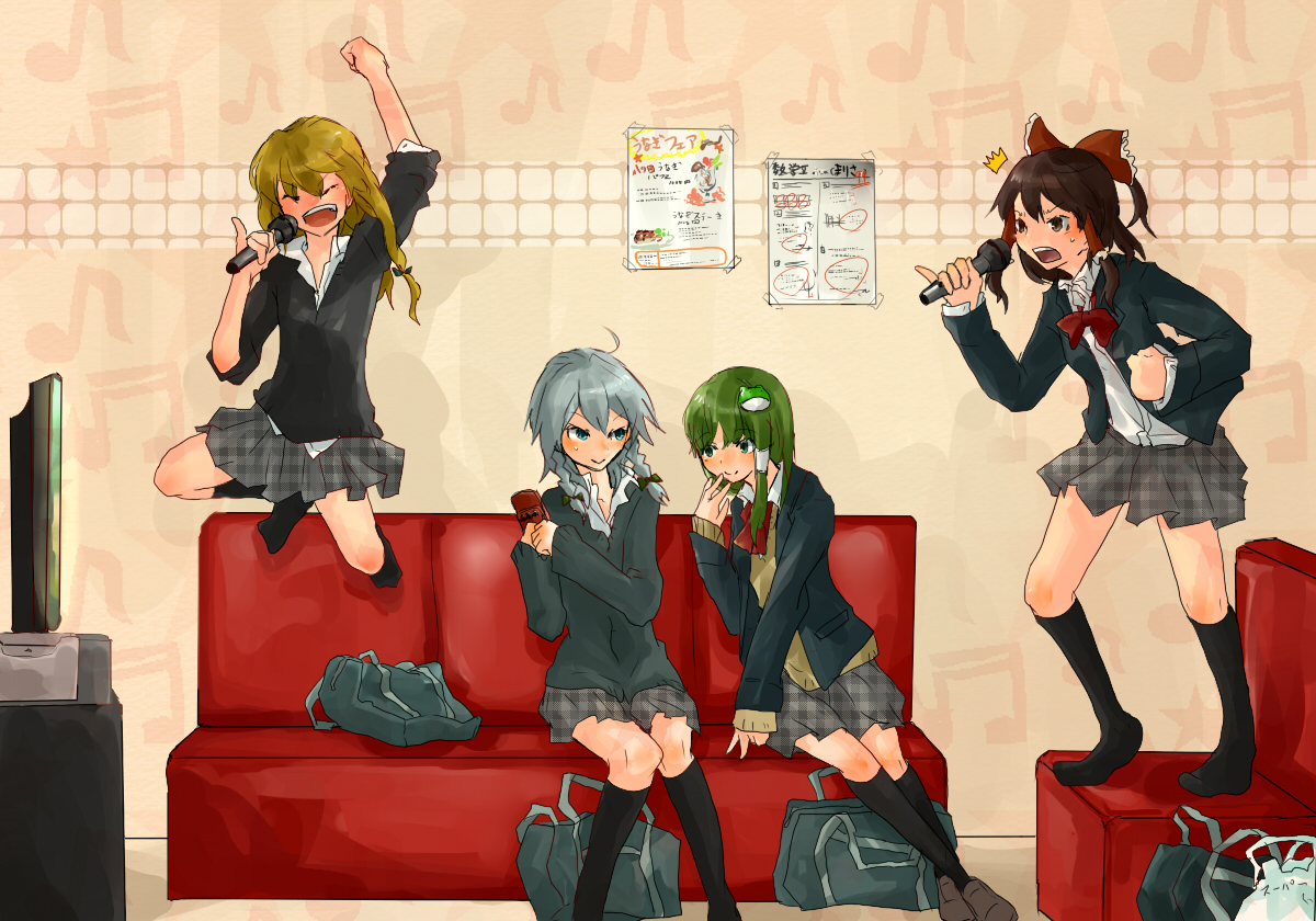 kurau kii, hakurei reimu, izayoi sakuya, kirisame marisa, kochiya sanae, touhou, bad id, bad pixiv id, 4girls, alternate costume, blonde hair, contemporary, female focus, karaoke, multiple girls, music, plaid clothes, plaid skirt, school uniform, short hair, singing, skirt, sleeves pushed up