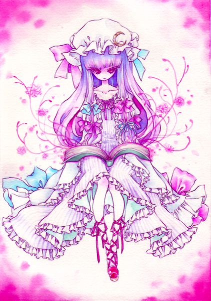 miri, miri (tobira no mukou), patchouli knowledge, touhou, painting (medium), traditional media, watercolor (medium), 1girl, book, bow, colored eyelashes, crescent, crescent moon, dress, eyelashes, female focus, flower, hair bow, hair ribbon, hat, legs, long hair, looking up, moon, no nose, purple eyes, purple hair, red eyes, ribbon, shoes, skinny, smile, solo