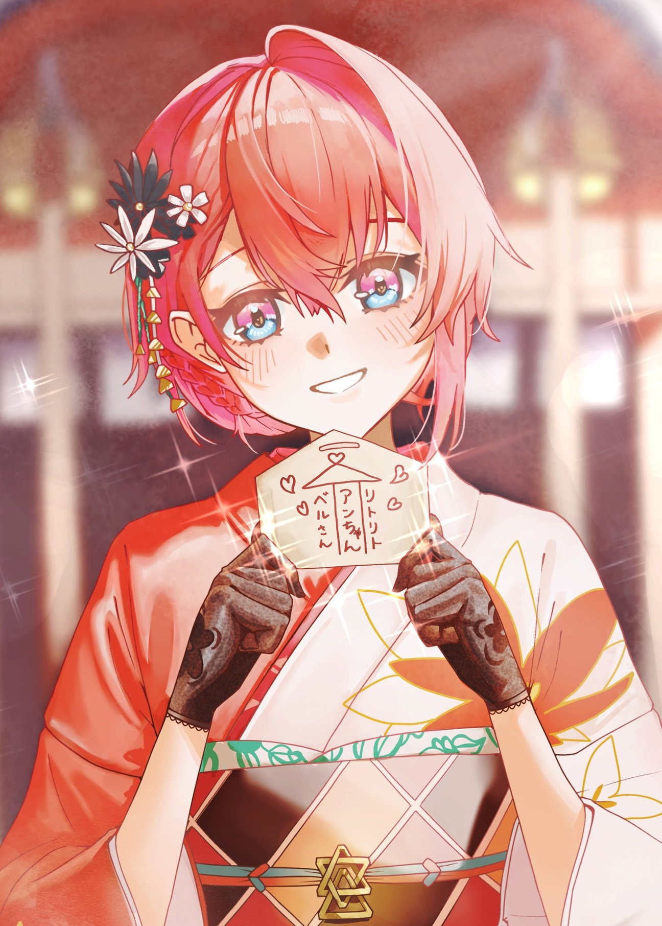 doidamon, ange katrina, ange katrina (new year), nijisanji, commentary request, cropped, highres, revision, translation request, 1girl, ai ai gasa, black flower, black gloves, black sash, blue eyes, blurry, blurry background, blush, ema, floral print, floral print gloves, floral print kimono, flower, gloves, grin, hair between eyes, hair ornament, hands up, head tilt, holding, holding ema, japanese clothes, kanzashi, kimono, looking at viewer, multicolored eyes, multicolored sash, new year, obi, obiage, obidome, obijime, orange sash, print kimono, purple eyes, red kimono, red sash, sash, single hair intake, smile, solo, sparkle, straight-on, tsumami kanzashi, two-tone eyes, upper body, virtual youtuber, white flower, white kimono