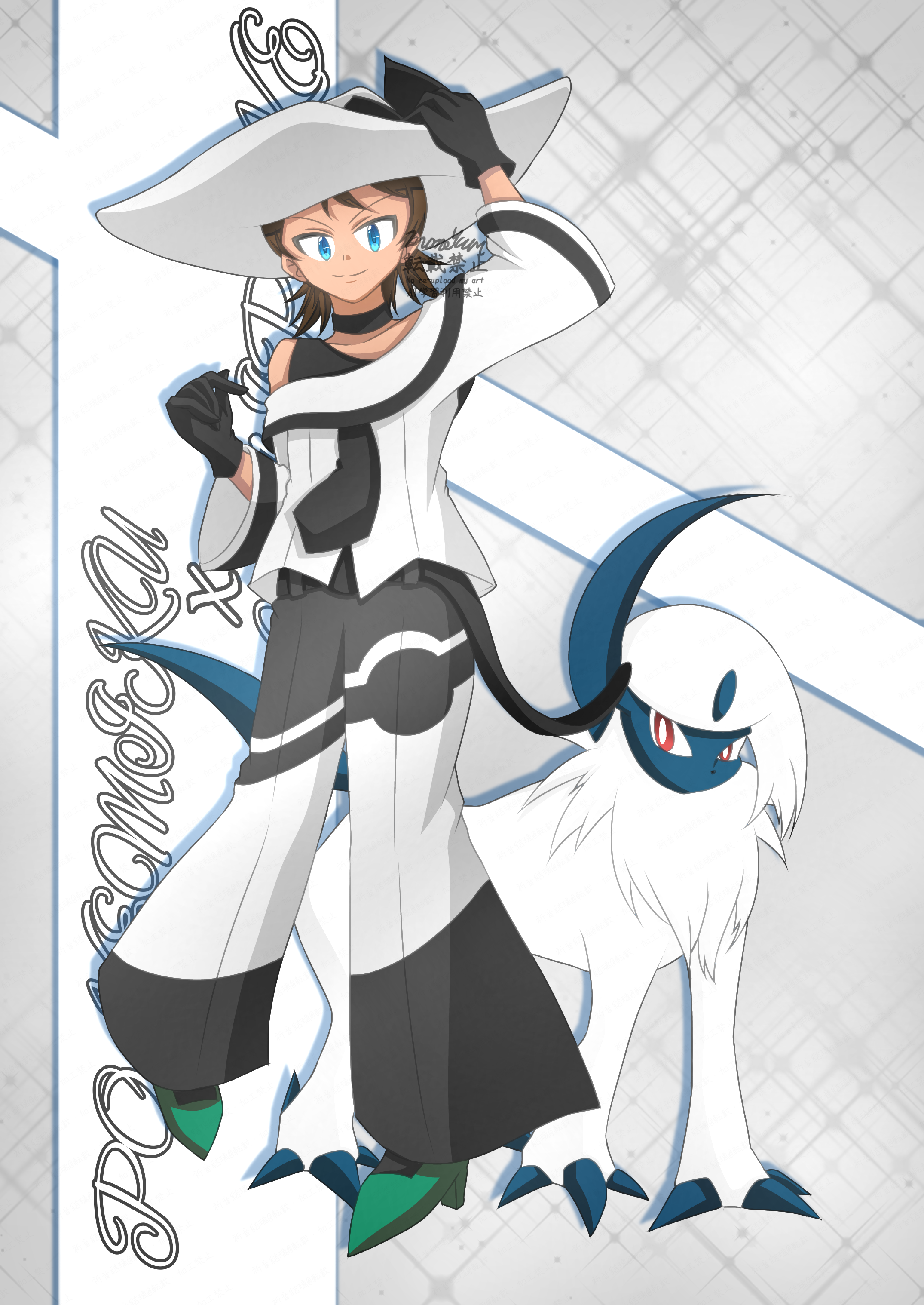 absol, dark miku (project voltage), goh (pokemon), hatsune miku, nintendo, pokemon, pokemon (anime), pokemon journeys, project voltage, vocaloid, absurdres, commentary request, highres, 025×3104, 1boy, aqua eyes, arm up, black choker, black gloves, black necktie, bright pupils, brown hair, choker, closed mouth, cosplay, dark-skinned male, dark miku (project voltage) (cosplay), dark skin, gen 3 pokemon, gloves, green shoes, hand on headwear, hat, hatsune miku (cosplay), high heels, jacket, long sleeves, male focus, medium hair, necktie, pants, pokemon (creature), red eyes, shoes, single bare shoulder, smile, split mouth, two-tone pants, watermark, white hat, white jacket, white pupils, wide brim