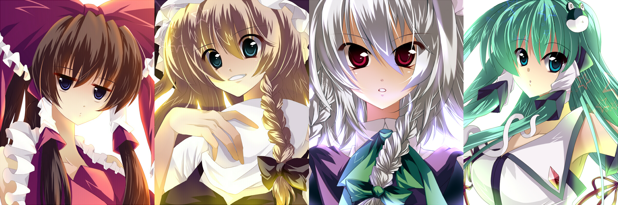 tatsuyoshi, hakurei reimu, izayoi sakuya, kirisame marisa, kochiya sanae, touhou, bad id, bad pixiv id, highres, long image, wide image, 4girls, braid, female focus, maid, multiple girls, ribbon, short hair, twin braids, upper body, white background