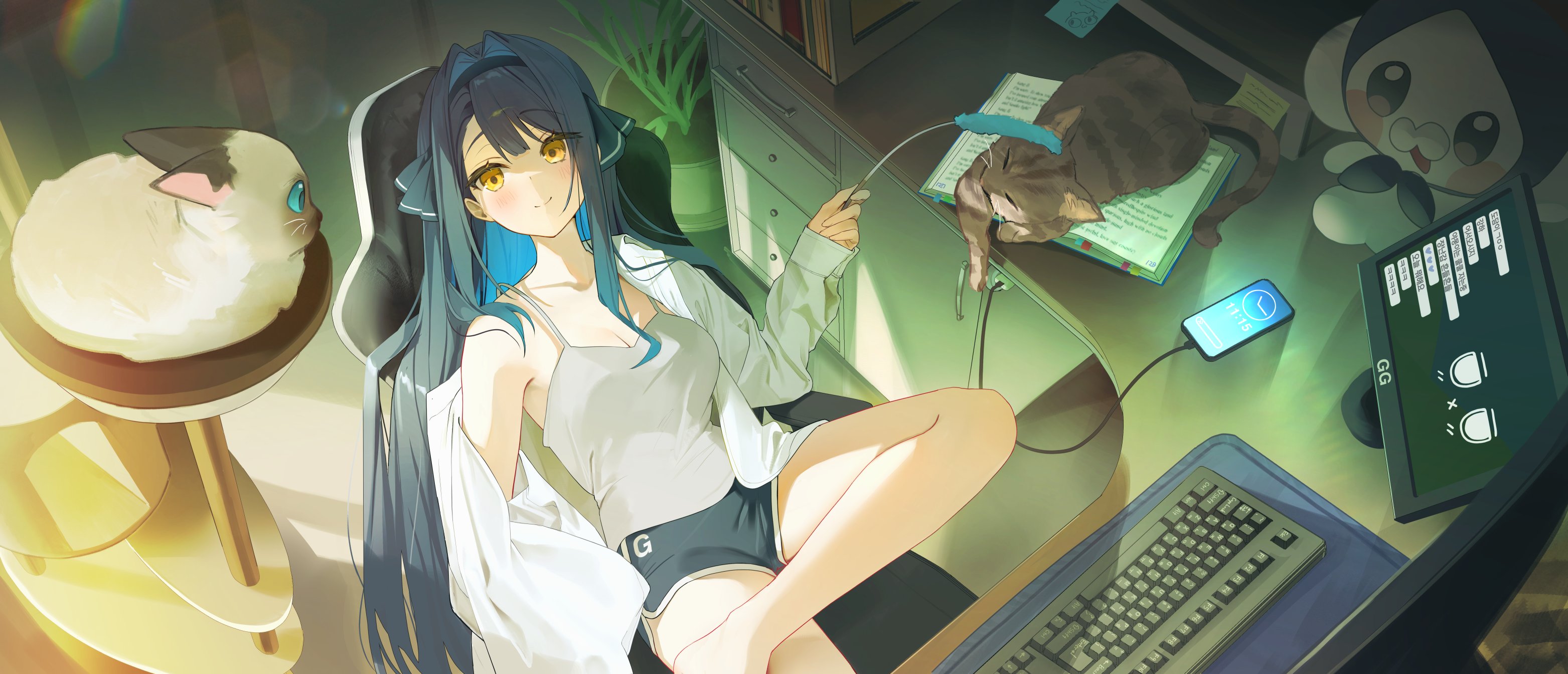 iop5509, gangzi (vtuber), stellive, commentary request, highres, official art, 1girl, animal, barefoot, black hair, black hairband, black shorts, blue hair, book, breasts, cable, camisole, cat, cat teaser, cellphone, chair, cleavage, closed mouth, collarbone, colored inner hair, colorpoint (pattern), computer keyboard, crossed legs, deskmat, dolphin shorts, drawer, dress shirt, from above, hairband, indoors, long hair, long sleeves, medium breasts, monitor, multicolored hair, off shoulder, office chair, phone, plant, potted plant, shirt, short shorts, shorts, siamese cat, single off shoulder, sitting, smile, solo, sticky note, swivel chair, tabby cat, table, very long hair, virtual youtuber, white camisole, white shirt, yellow eyes