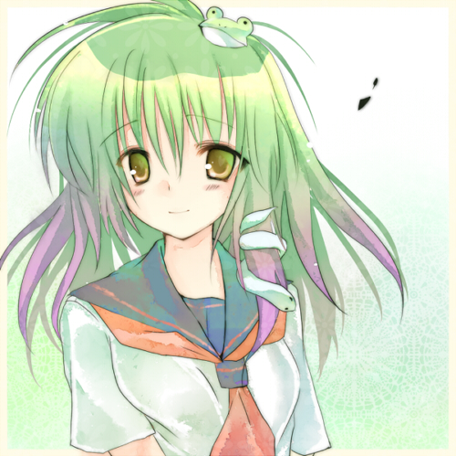 mutsu (kitakaze berry), kochiya sanae, touhou, bad id, bad pixiv id, lowres, 1girl, alternate costume, blush, female focus, frog, gradient hair, green hair, hair ornament, multicolored hair, purple hair, school uniform, serafuku, smile, snake, solo, upper body, yellow eyes