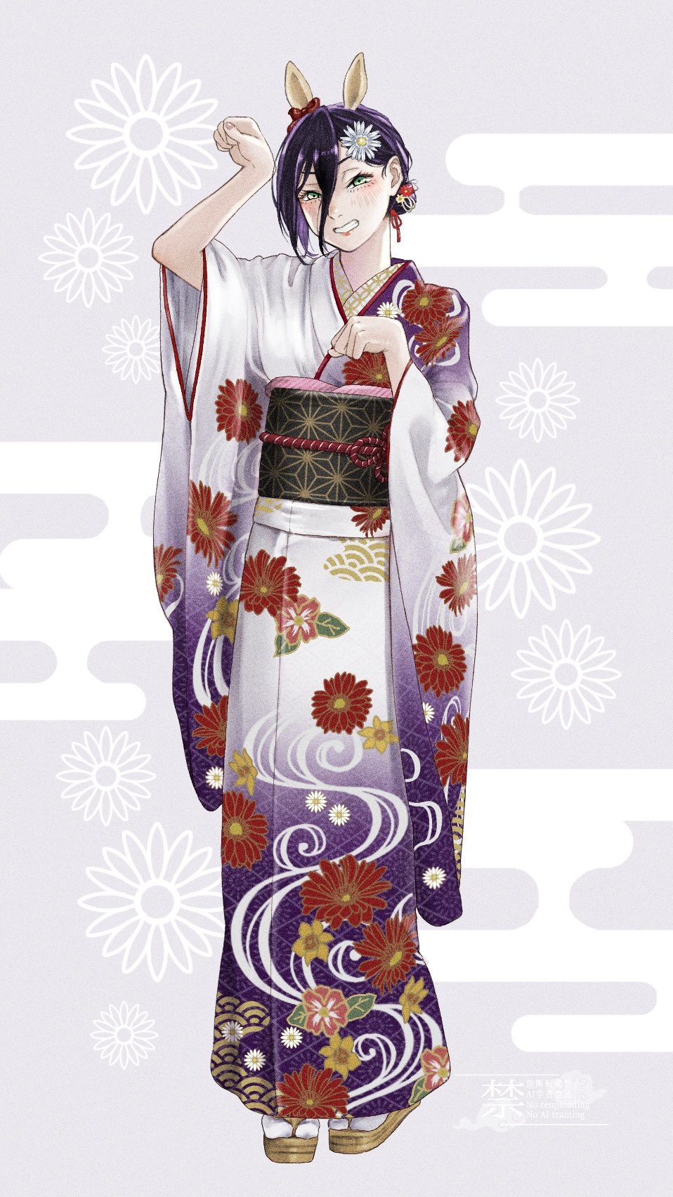 eto 384, reze (chainsaw man), chainsaw man, commentary request, highres, 1girl, animal ears, asa no ha (pattern), egasumi, floral print, floral print kimono, flower, green eyes, hair between eyes, happy new year, horse ears, horse pose, japanese clothes, kimono, lipstick, long hair between eyes, makeup, new year, paw pose, print kimono, purple hair, sandals, solo, standing, tabi, wide sleeves