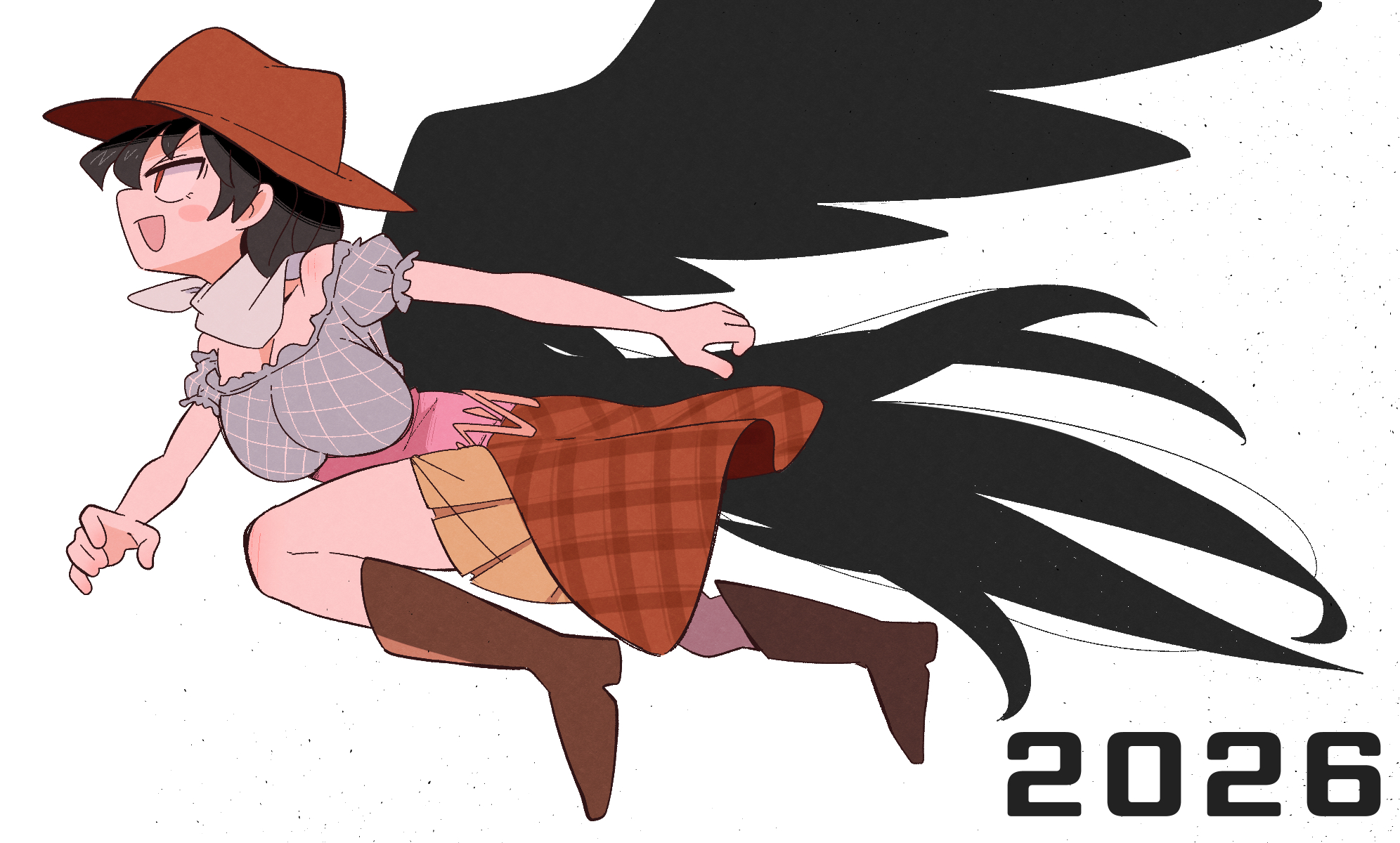 kurachi mizuki, kurokoma saki, touhou, commentary request, highres, partial commentary, 2026, argyle clothes, argyle shirt, black hair, black wings, blush, boots, breasts, brown boots, brown hat, brown skirt, chinese zodiac, cleavage, cowboy hat, dust, floating hair, frilled sleeves, frills, from side, grey shirt, hair between eyes, hat, horse girl, horse tail, knee boots, large breasts, layered skirt, long hair, neckerchief, open mouth, pink skirt, plaid clothes, plaid skirt, pleated skirt, puffy short sleeves, puffy sleeves, red eyes, running, shirt, short sleeves, simple background, skirt, smile, tail, v-shaped eyebrows, very long hair, white background, white neckerchief, wings, year of the horse