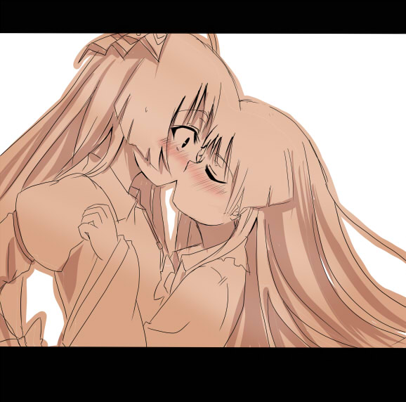 gotyou, fujiwara no mokou, houraisan kaguya, touhou, bad id, bad pixiv id, 2girls, blush, female focus, kiss, letterboxed, long hair, monochrome, multiple girls, pink theme, profile, simple background, white background, yuri